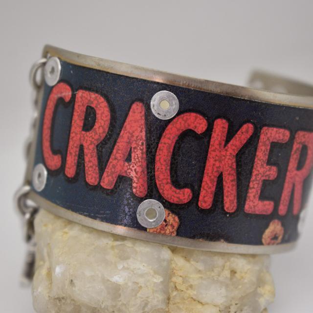 CRACKER JACK Recycled Tin Riveted Metal Cuff Bracelet with Toggle Clasp